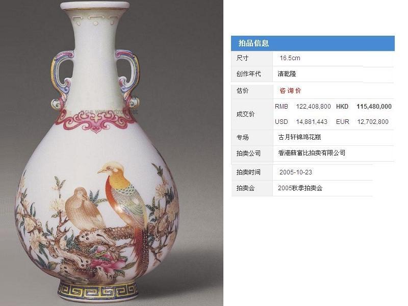 清：乾隆御制珐琅彩“古月轩”题诗花石锦鸡图双耳瓶